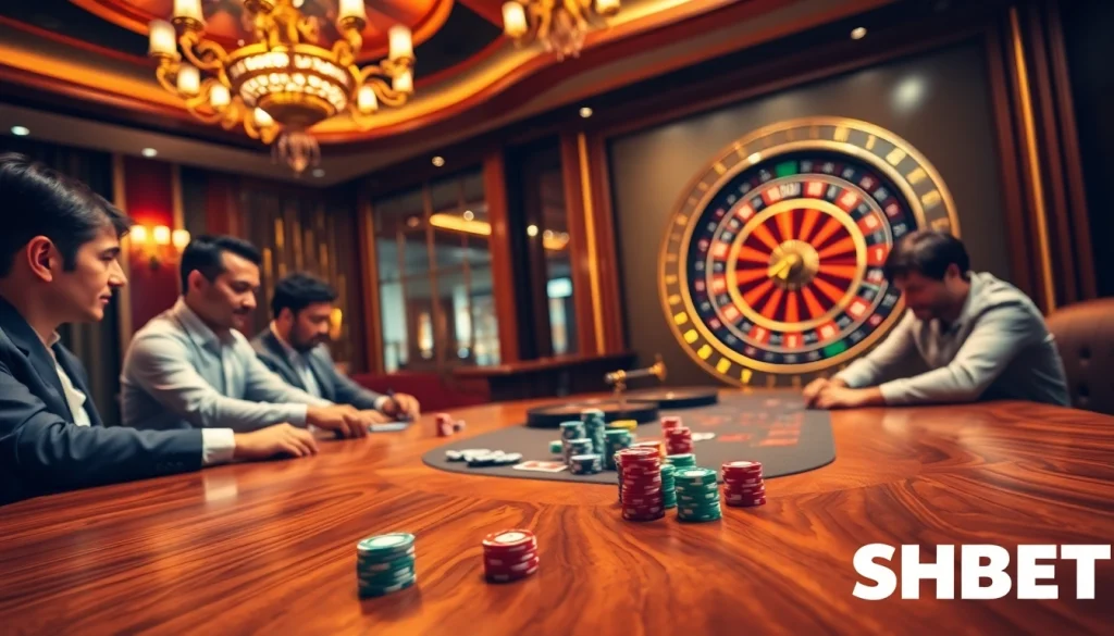 SHBET casino scene with excited players at a poker table and spinning roulette wheel.