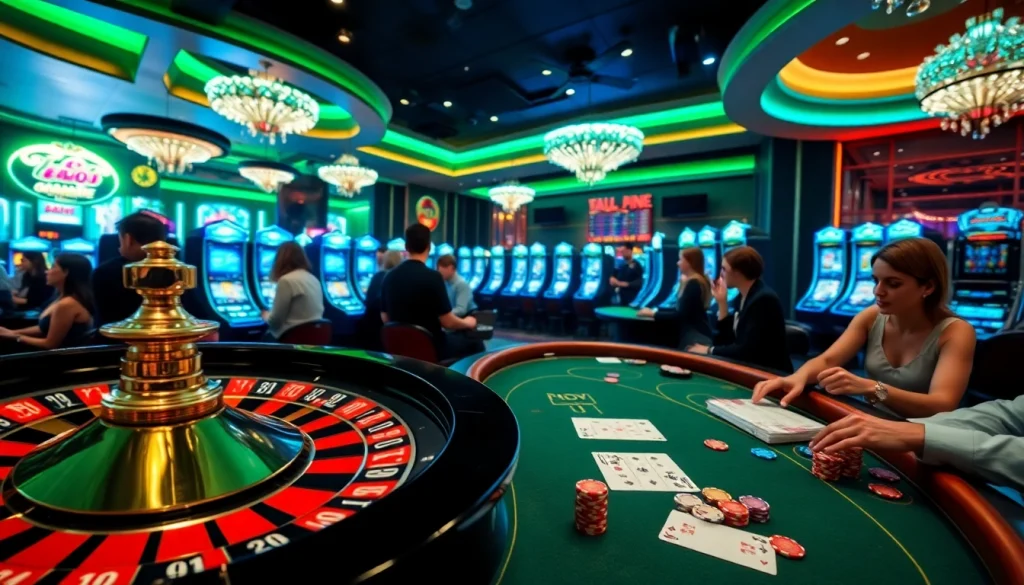 Une scène de casino dynamique montrant des joueurs engagés dans des jeux vibrants, mettant en avant l'expérience du meilleur casino en ligne.