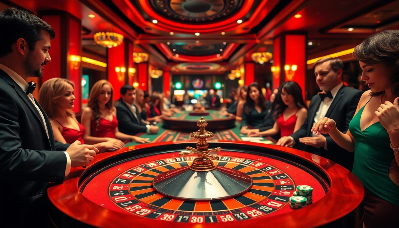 Menampilkan momen taruhan interwin yang seru di meja roulette kasino.