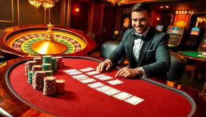 Experience the excitement of RR88 with a luxurious casino atmosphere featuring blackjack tables and vibrant slot machines.