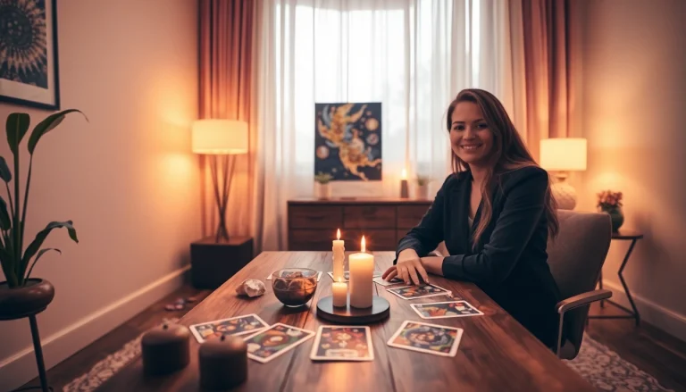 カードとクリスタルを使った電話占い 当たるを強調する魅力的な占いシーン。