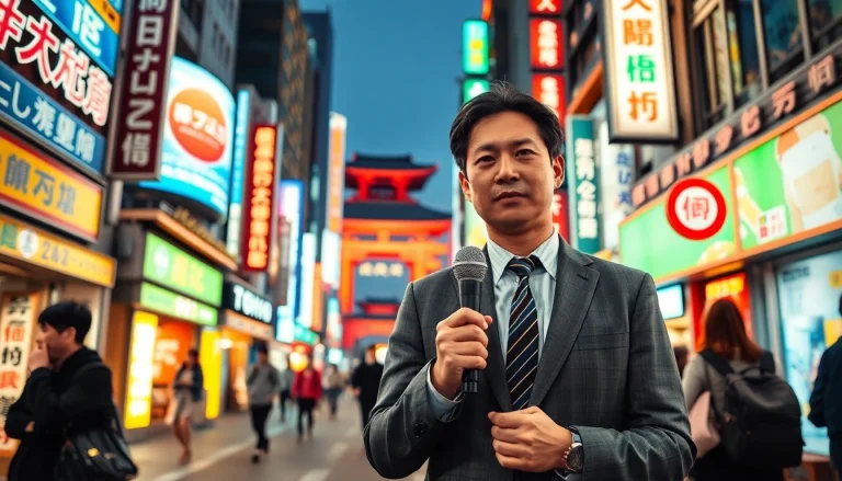 日本のトレンドトピックを報道する記者が東京の賑やかな街に立つ