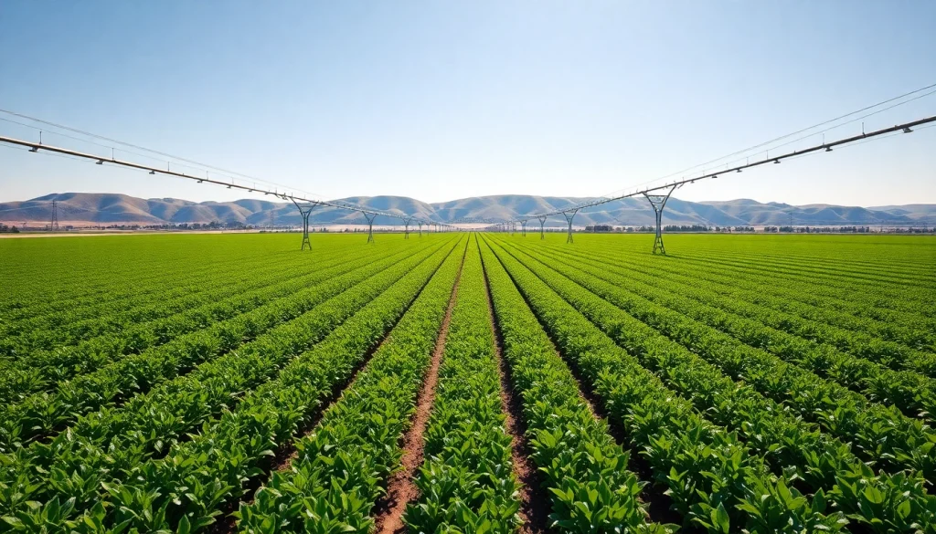 Land irrigation systems efficiently watering crops in a vibrant, green farm landscape.