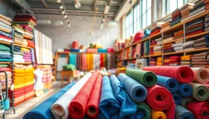 Koop katoen stof in een kleurrijke stoffenwinkel met diverse texturen en patronen.