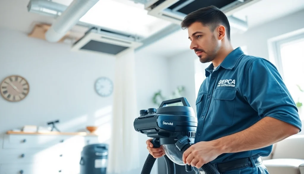 HVAC Cleaning by a certified technician using advanced equipment in a clean home setting.