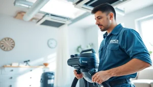 HVAC Cleaning by a certified technician using advanced equipment in a clean home setting.