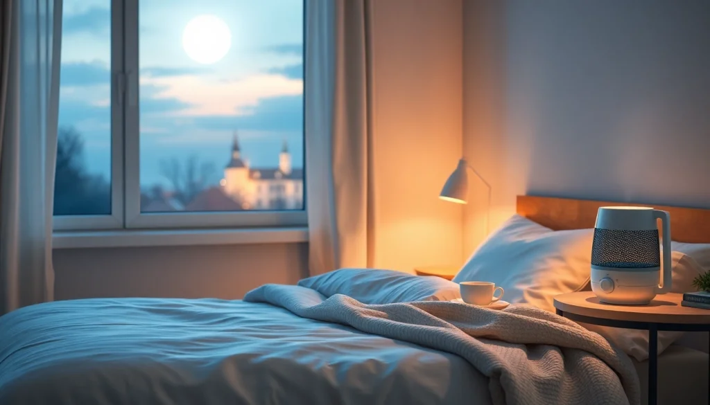 風邪 一晩で治す方法を示す、安らかな色調と穏やかな要素を備えた安眠用の寝室シーン。