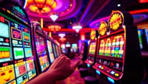 Players celebrating a slot machine jackpot win with colorful coins and vibrant casino lights.