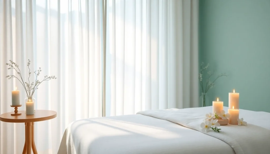 편안한 장식과 차분한 요소가 있는 스웨디시 마사지 룸.