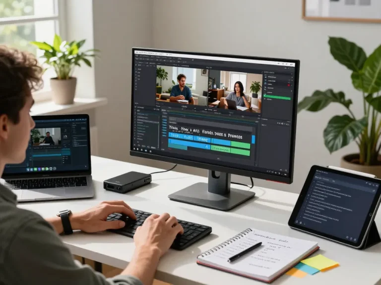 Video to prompt AI setup showcasing a content creator generating prompts from video content in a modern workspace.