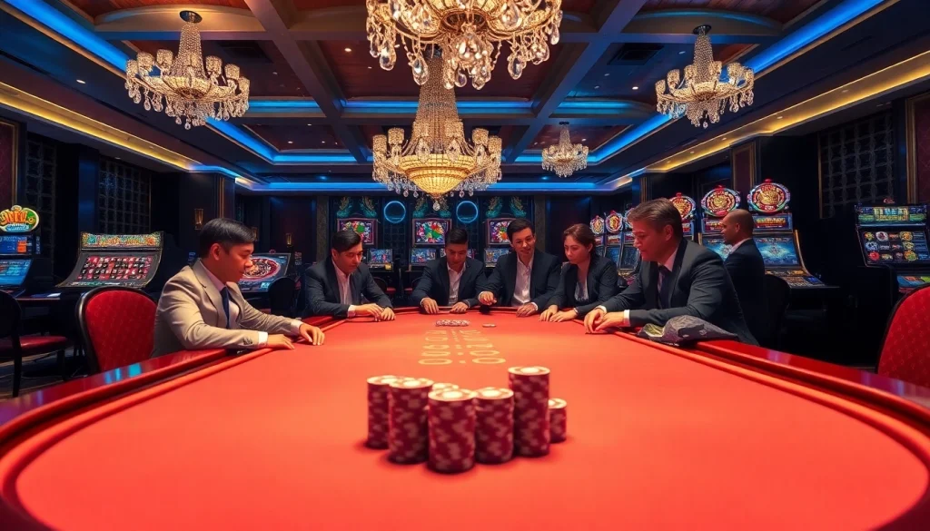 Engaging poker players at trang chủ thabet showcase an exciting casino atmosphere with vibrant colors and luxury elements.