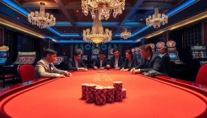 Engaging poker players at trang chủ thabet showcase an exciting casino atmosphere with vibrant colors and luxury elements.
