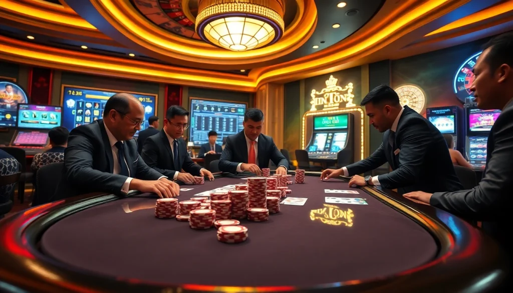Players enjoying an intense game of IDN Poker at a lively casino table, surrounded by vibrant chips and cards.