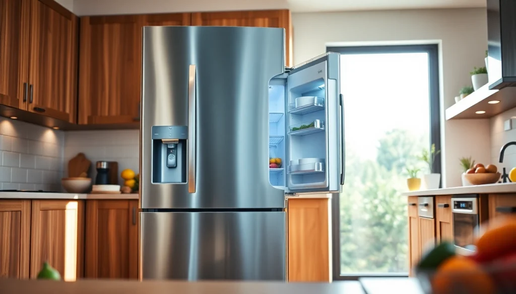 Refrigerator displaying its sleek design in a modern kitchen, inviting energy-efficient ambiance.