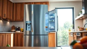 Refrigerator displaying its sleek design in a modern kitchen, inviting energy-efficient ambiance.