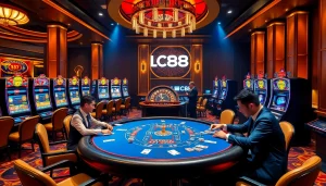 Engaged players at a high-stakes poker table, showcasing LC88's vibrant casino atmosphere.