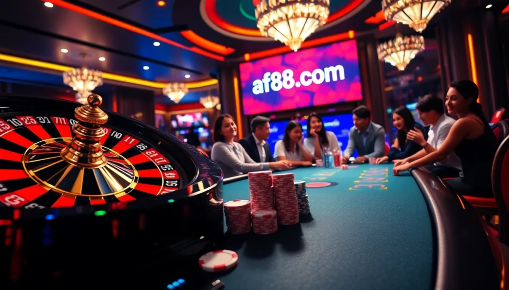 Engaging players at a luxurious casino table showcasing af88.com online gambling interface.