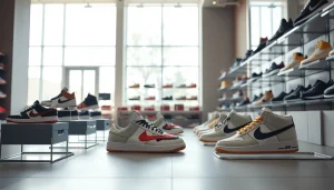 레플리카사이트에서 다양한 신발을 진열해 놓은 고급 상점 모습