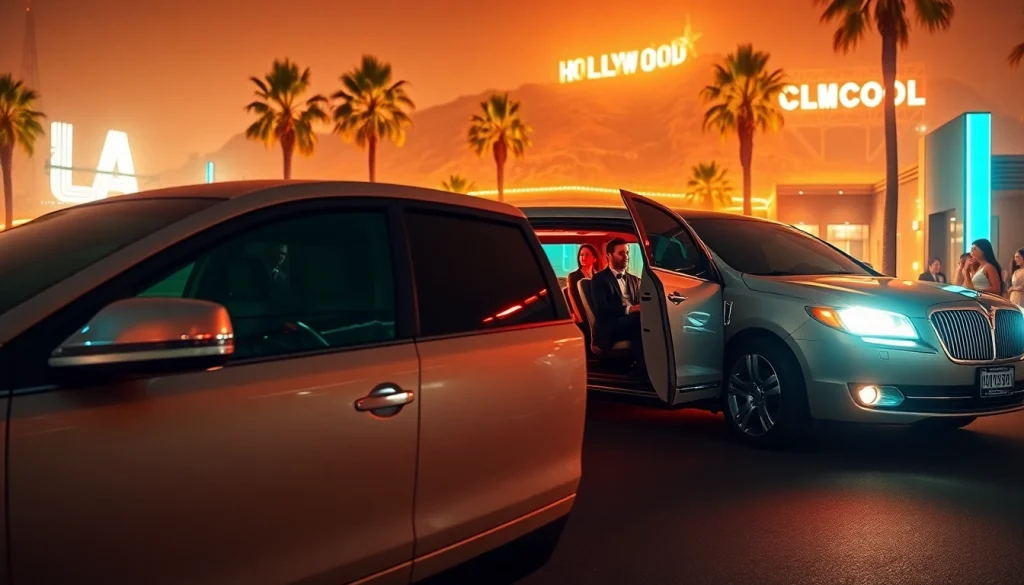 Luxury Los Angeles limo at a glamorous Hollywood venue with stylish passengers.