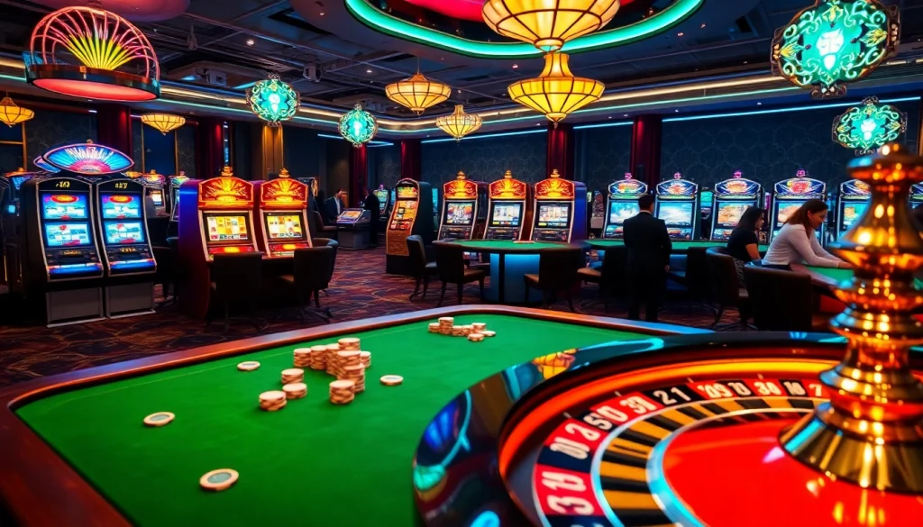 Engaging gamblers at https://whycazino.com/ surrounded by vibrant slot machines and luxurious casino tables.