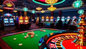 Engaging gamblers at https://whycazino.com/ surrounded by vibrant slot machines and luxurious casino tables.