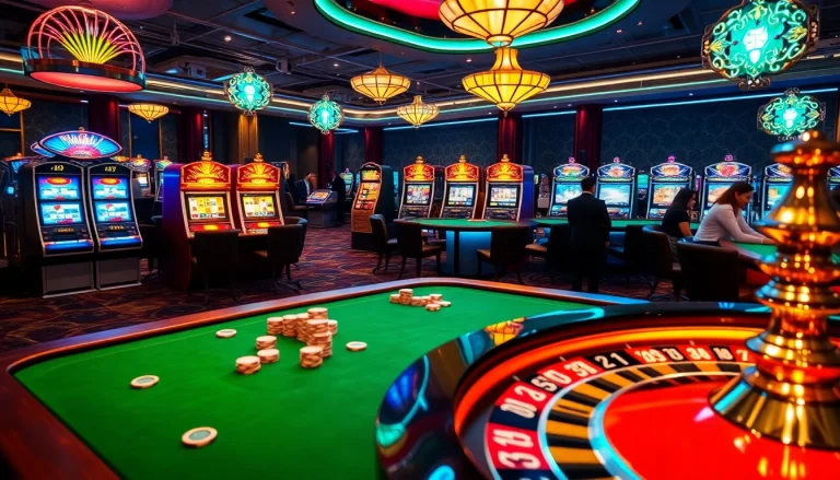 Engaging gamblers at https://whycazino.com/ surrounded by vibrant slot machines and luxurious casino tables.