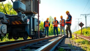 Railroad maintenance services team conducting inspections with heavy machinery in a professional setup.