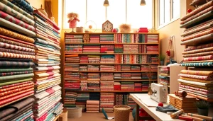 Bekijk stoffen webshop nederland met kleurrijke stalen in een moderne ambachtsstudio.