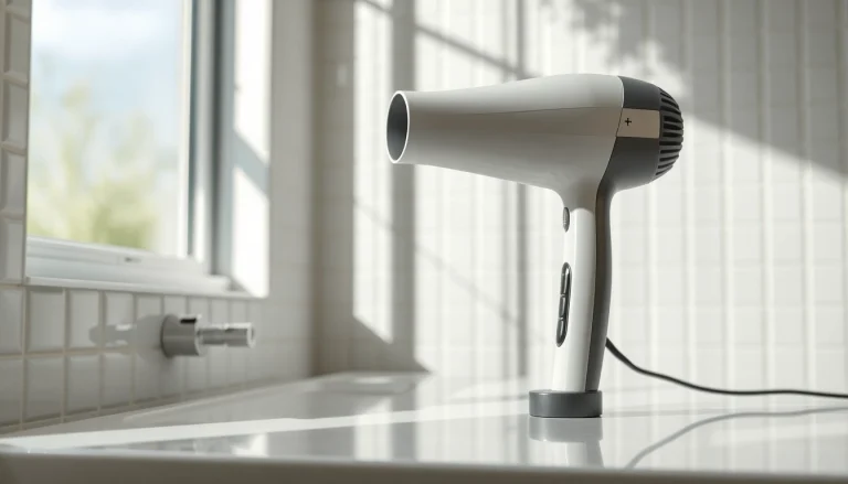 Frizzy hair dryer rests on a countertop in a bright bathroom, highlighting its design.