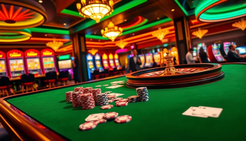 Excited players playing poker at Hay88 casino table with vibrant chips and cards.