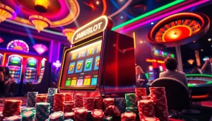 Jamustlot slot machine amidst vibrant casino excitement, capturing a thrilling gaming atmosphere.
