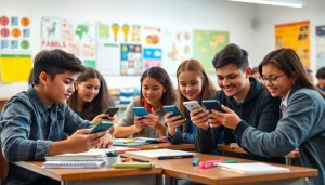 Students using a smartphone solution in school life for interactive learning and collaboration.