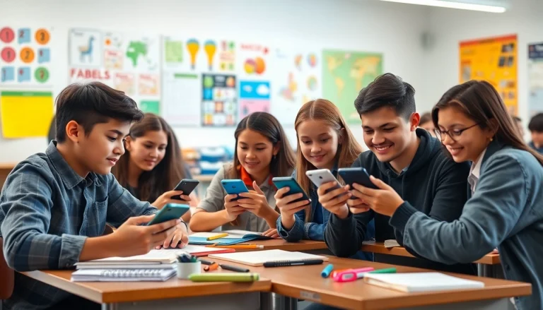 Students using a smartphone solution in school life for interactive learning and collaboration.