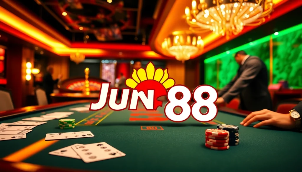 Players enjoying a lively game at Jun 88 casino with vibrant poker chips and cards.
