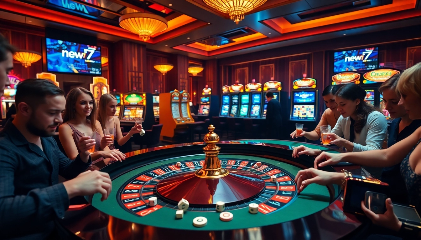 Winning strategies in the new77 casino atmosphere with vibrant roulette and slot machines.
