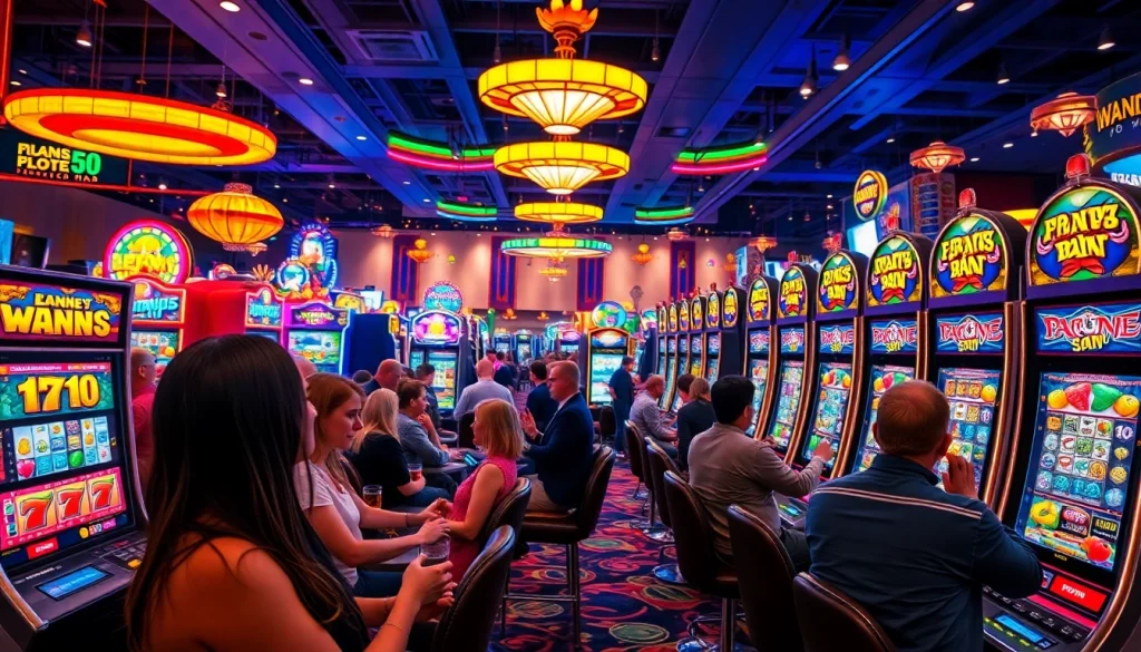 Permainan bandar slot gacor yang menarik dengan mesin slot berwarna-warni dan para pemain yang antusias.