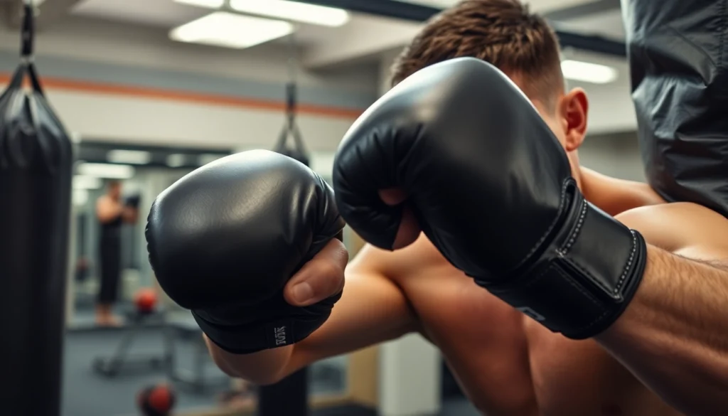 Kämpfer trainiert mit MMA gloves im Fitnessstudio, hebt die Intensität der Kampfsportpraxis.