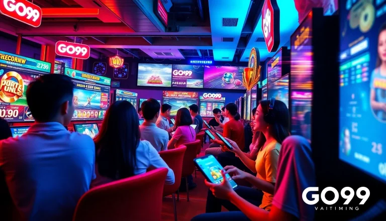 GO99 platform showcasing vibrant online gaming experience with dynamic screens and excited players.