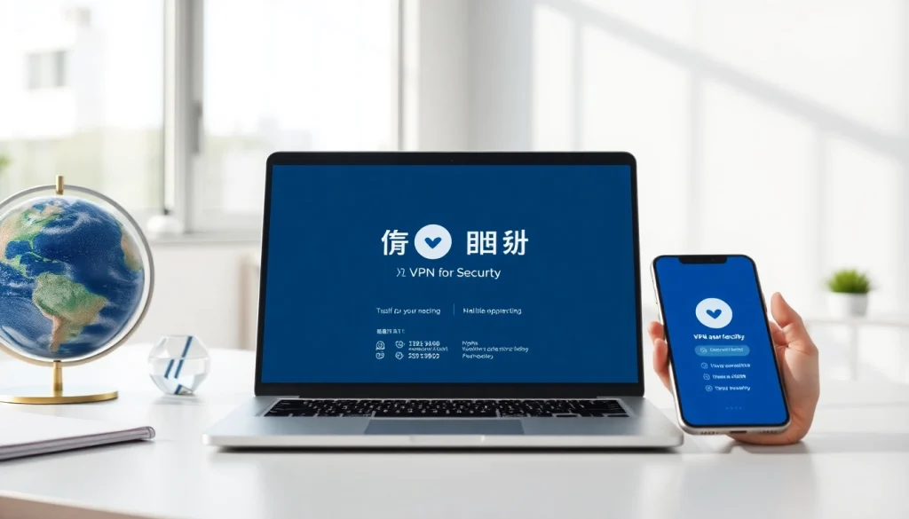 笔记本电脑与智能手机上的快连VPN界面，展示全球连接性与安全特性。
