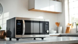 Highlighting microwave oven sales, a sleek stainless steel microwave in a modern kitchen.