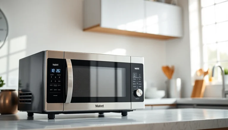 Highlighting microwave oven sales, a sleek stainless steel microwave in a modern kitchen.