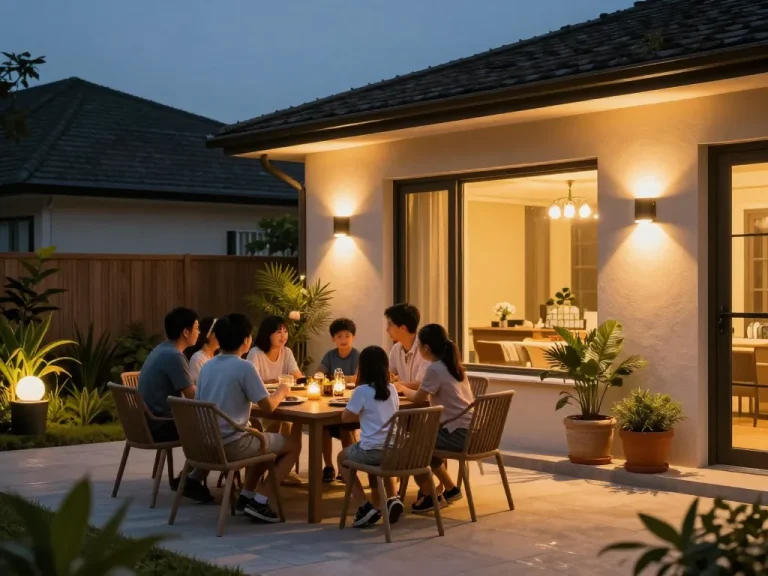 Dusk to dawn outdoor lights illuminating a family gathering on a patio at dusk, creating a warm and inviting atmosphere