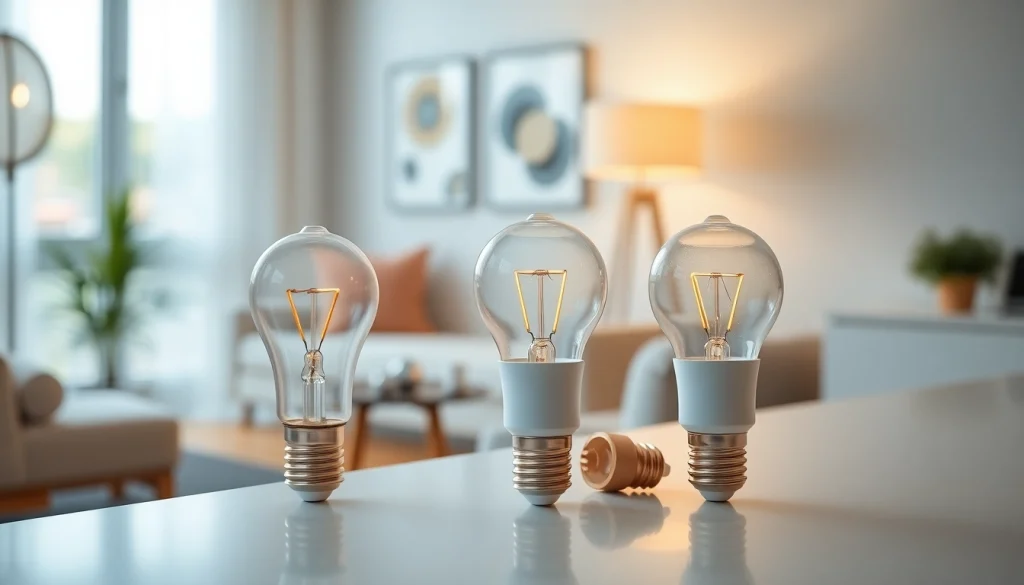 Showcasing different a19 light bulbs casting warm light in a modern home setting.