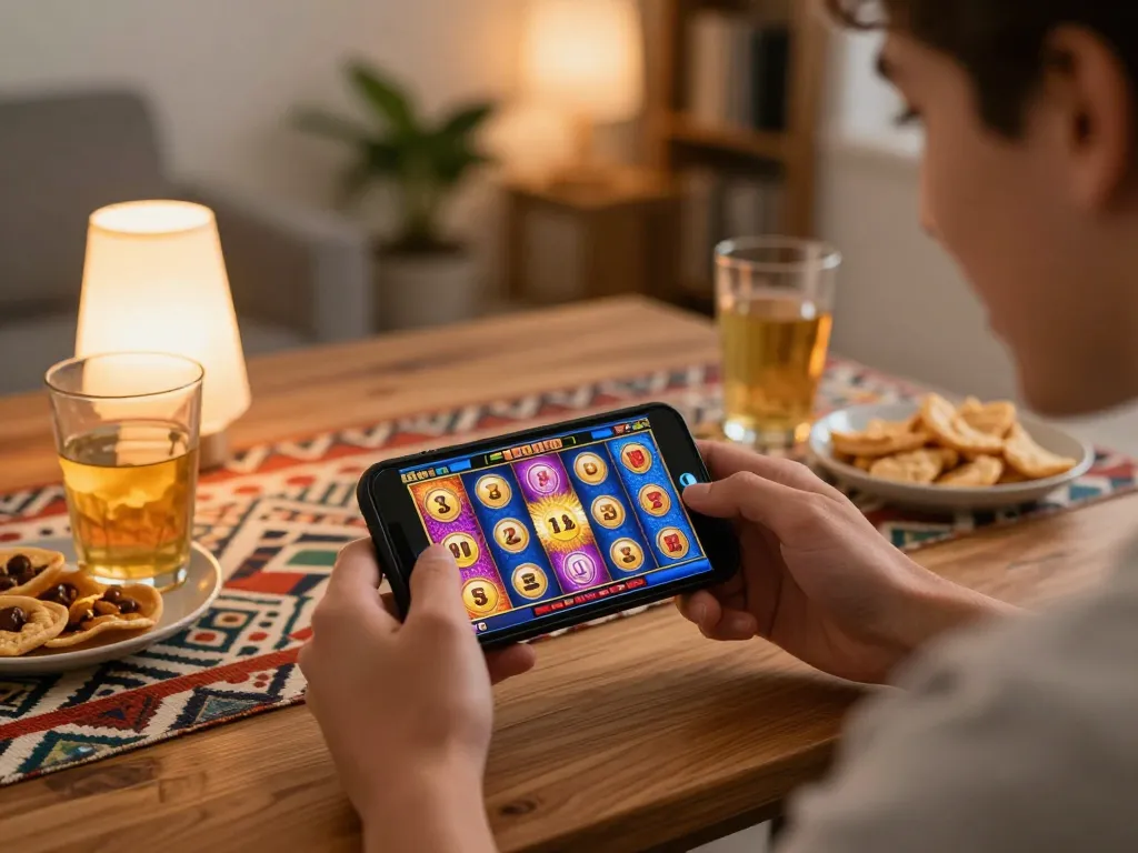 Engaging player enjoying demo slot pg on smartphone at home, showcasing vibrant game interface and cozy environment.