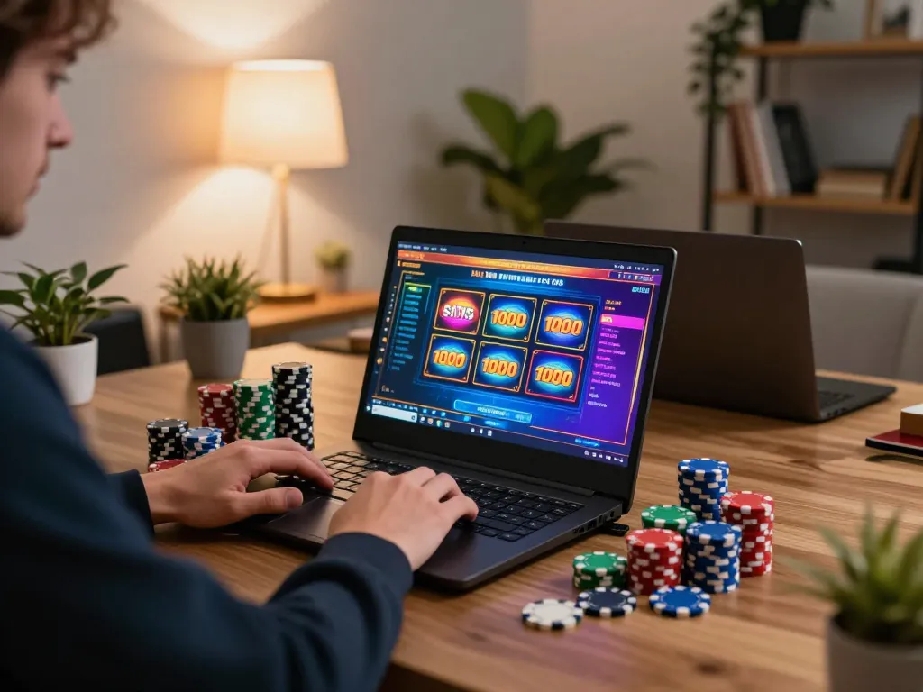 Situs depo 1000 player engaging with colorful slot games online, showcasing responsible gaming.