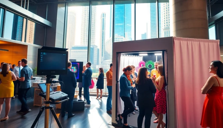 Guests enjoying a photo booth chicago setup with colorful props and vibrant atmosphere.