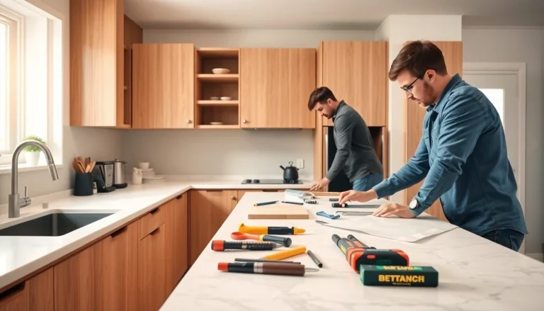 Kitchen fitters expertly installing cabinets in a stylish kitchen setting.