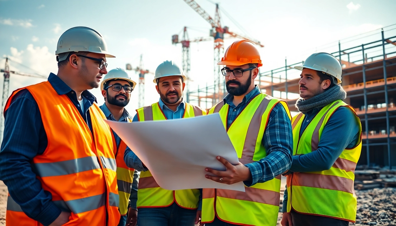 Construction career collaboration among workers at a busy building site.