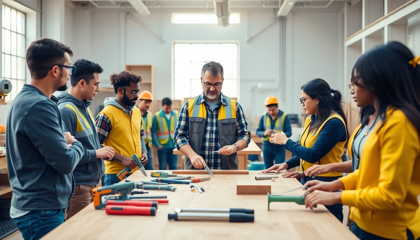 Participants engaging in construction craft training with tools and safety gear in a bright workshop.