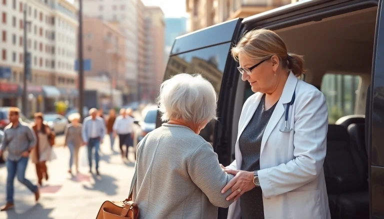 Elderly transportation services aiding seniors with vibrant interactions in an urban backdrop.
